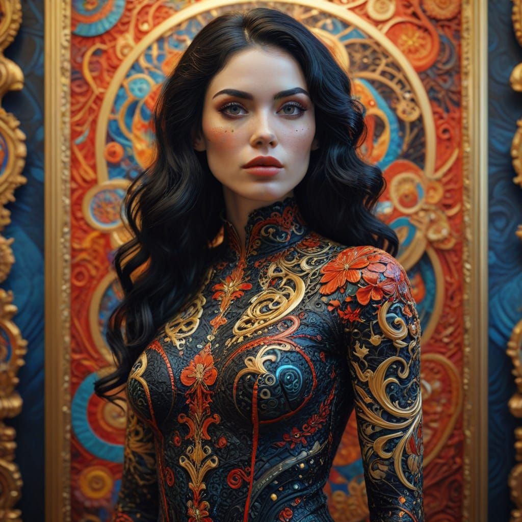 Woman With Tattoos And Red Lips In Hypermodernist Art