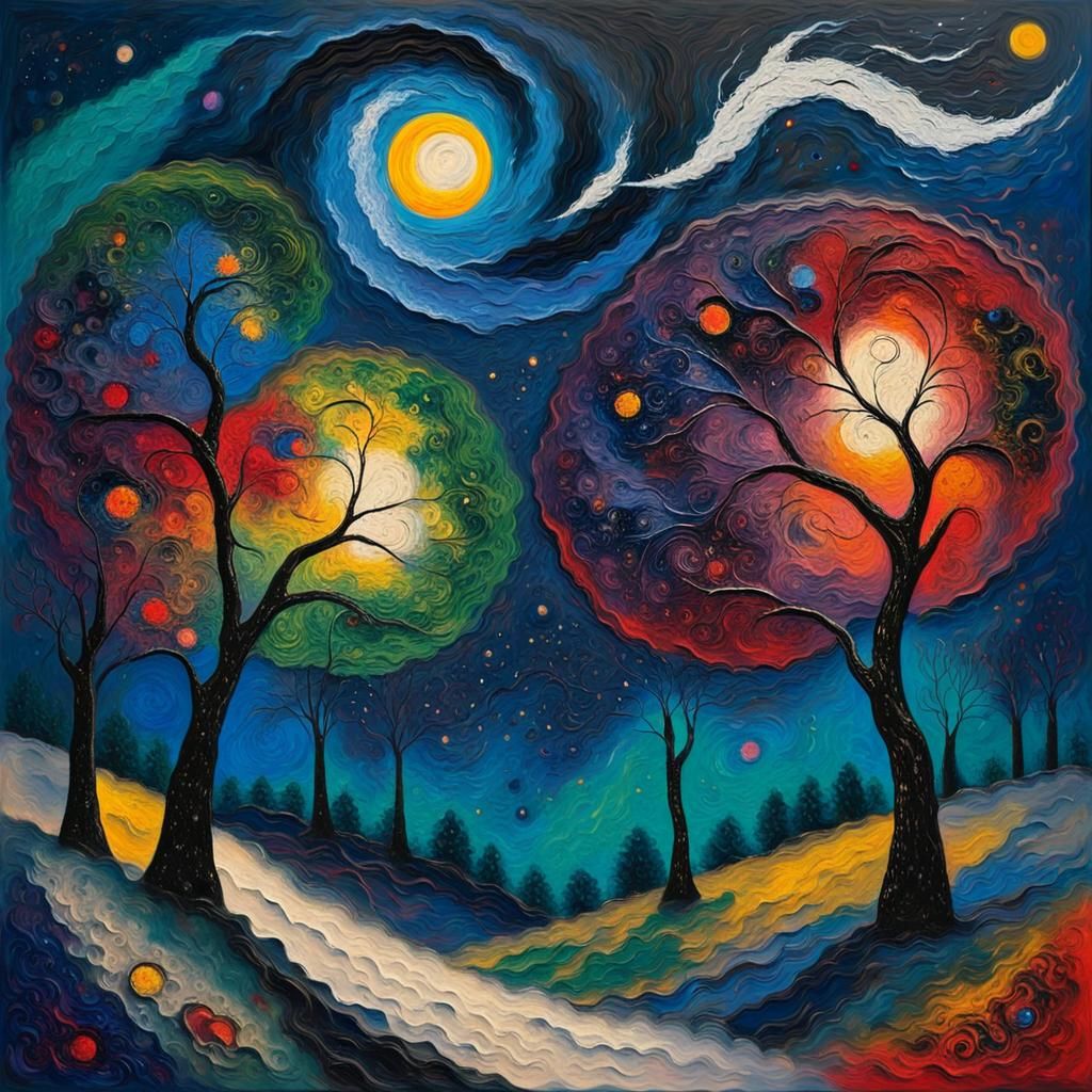 Abstract Starry Night Trees in Vivid Impasto