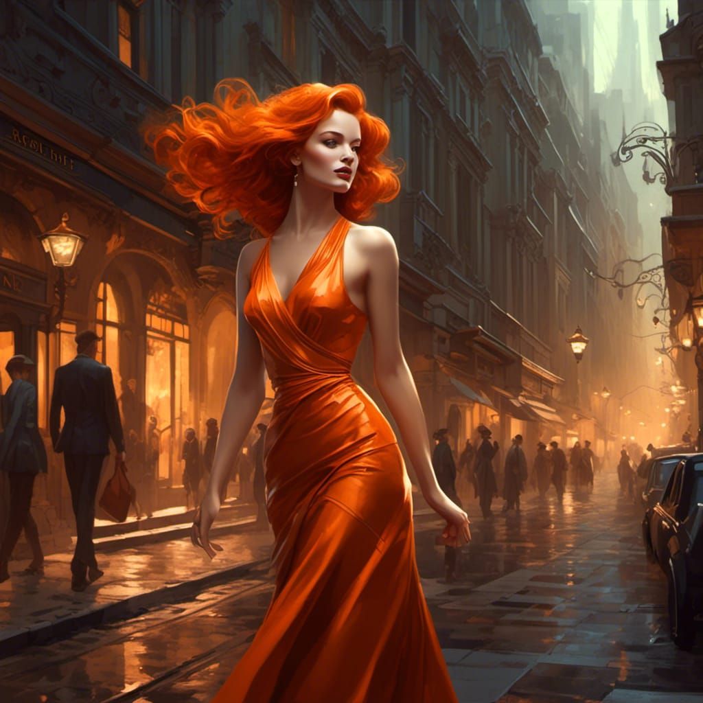 Woman in Orange Dress: Art Deco Style