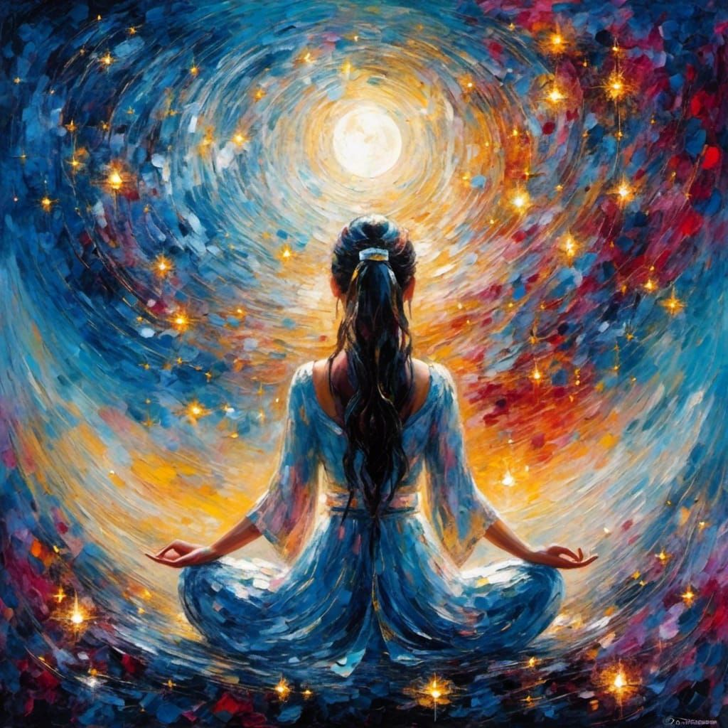 Meditating Woman Seeking Inner Peace: Impasto Painting