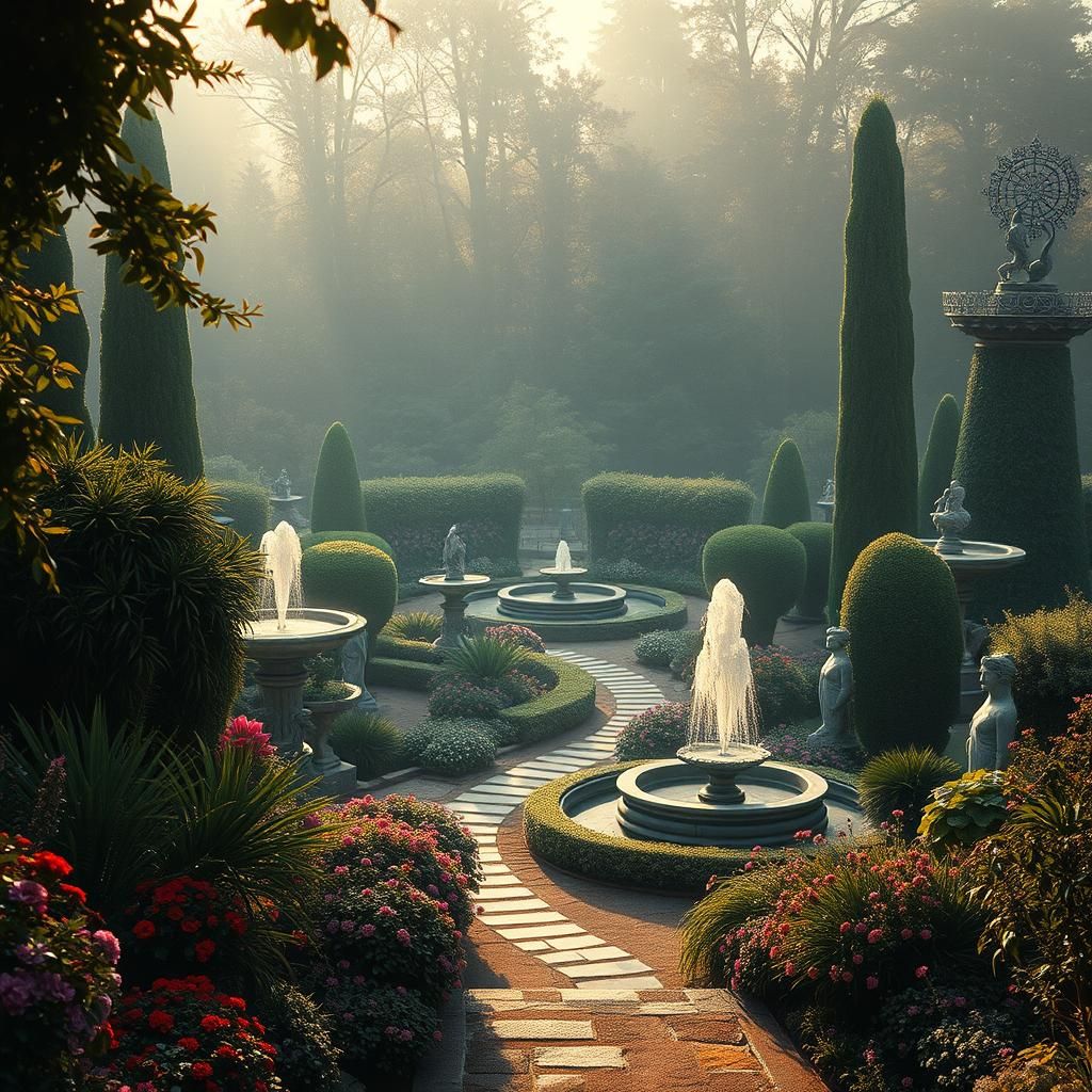 Surreal Garden with Abstract Elements in Rococo Style
