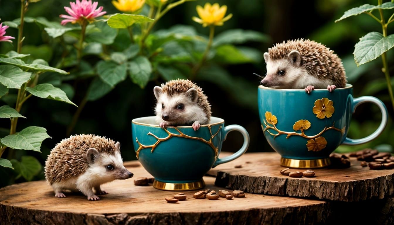 Hedgehogs in Kintsugi Cup, Hyperrealistic Garden Scene