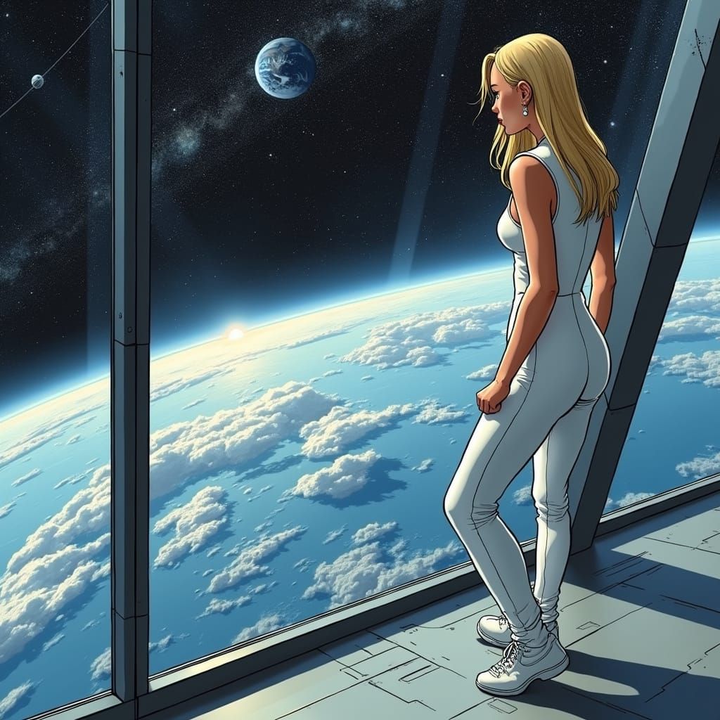 Woman in Futuristic Tower with Earth View, Comic Art