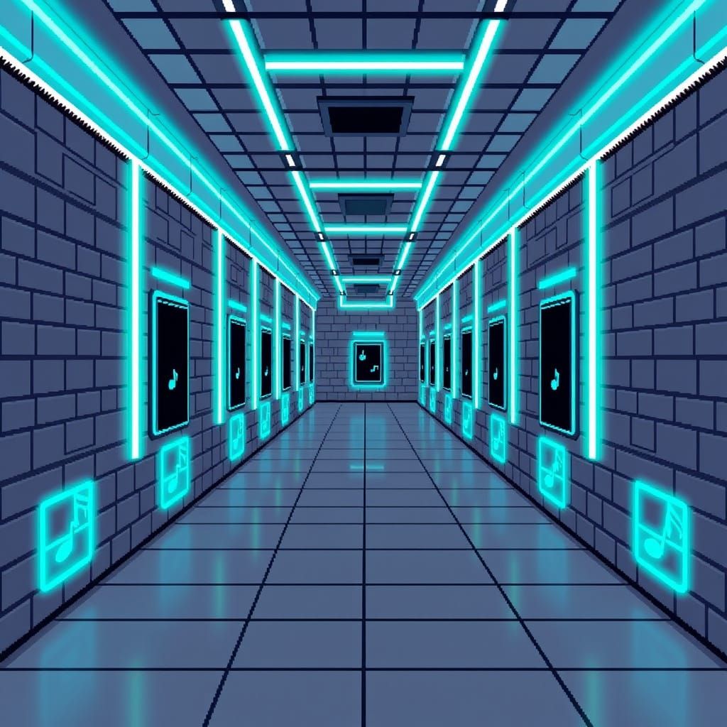 Pixelated Neon Corridor in 16-Bit Style
