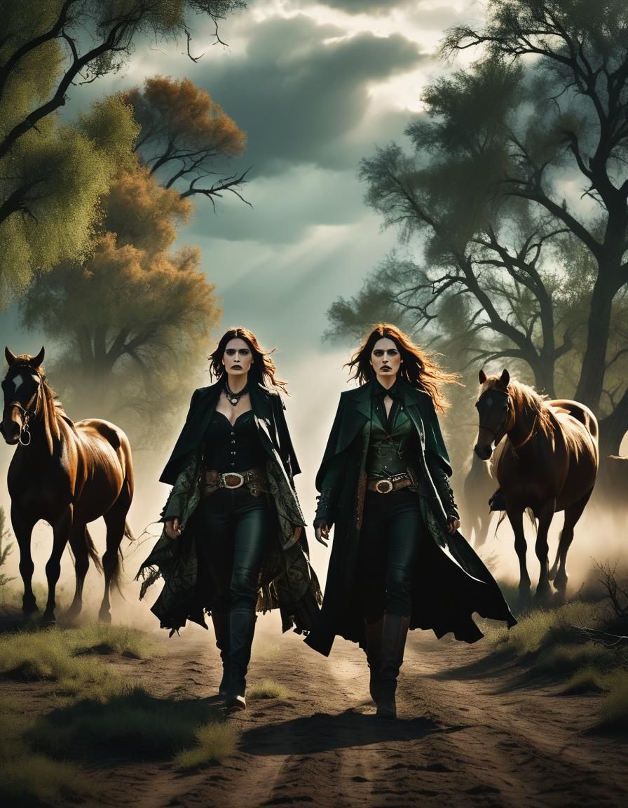 Desert scene, beautiful attractive alluring Gothic cowgirl w...