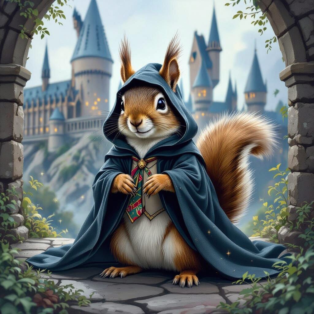 Squirrel in Hogwarts Robes with Invisibility Cloak