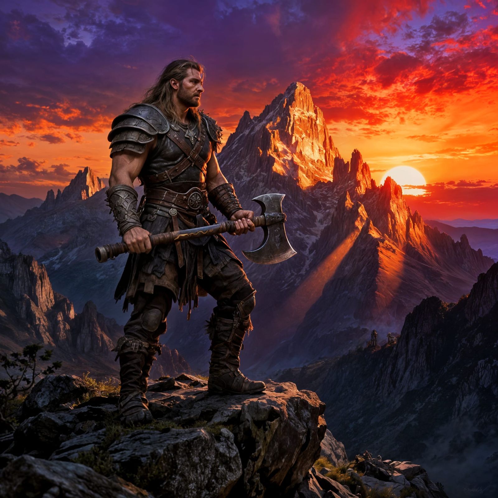 Lone Barbarian Warrior with Battle-Axe at Sunset