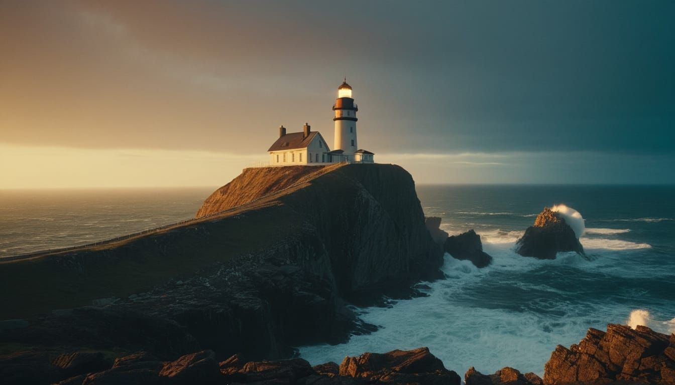 Lighthouse on Cliff with Waves in Film Noir Style