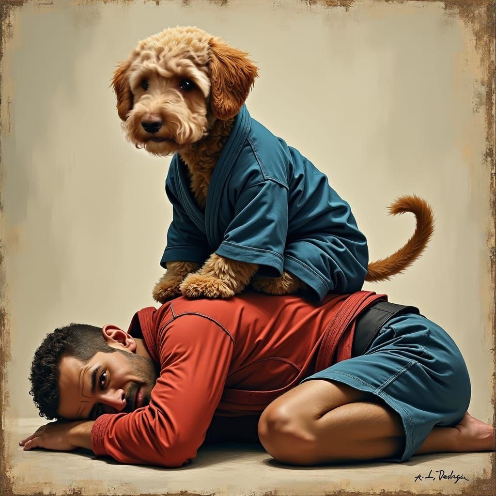 Mini Labradoodle in Gi Strangling a Man