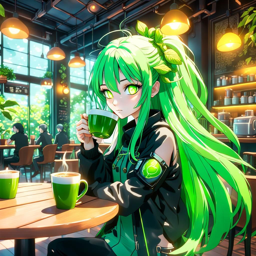 Anime Girl Sipping Coffee in Biophilic Cafe
