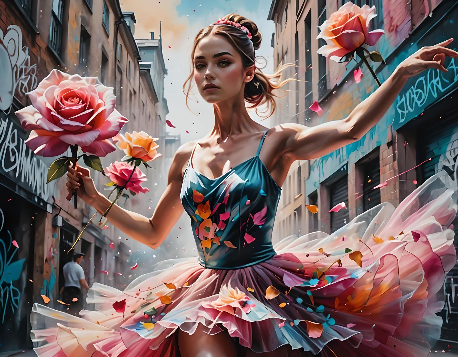 Ballerina Dancer Holding a Rose in Vibrant Graffiti Art Styl...