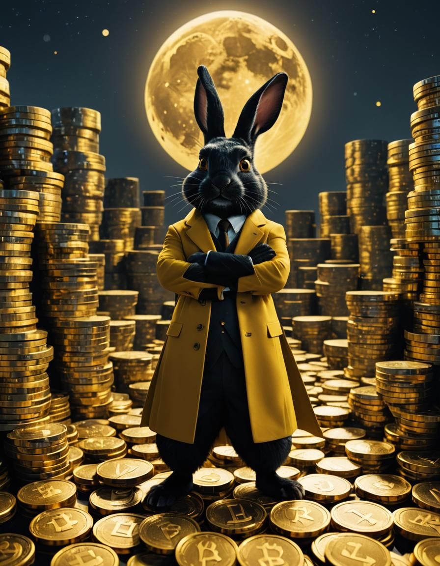 Heroic Rabbit in Golden Suit, Cinematic Crypto Scene