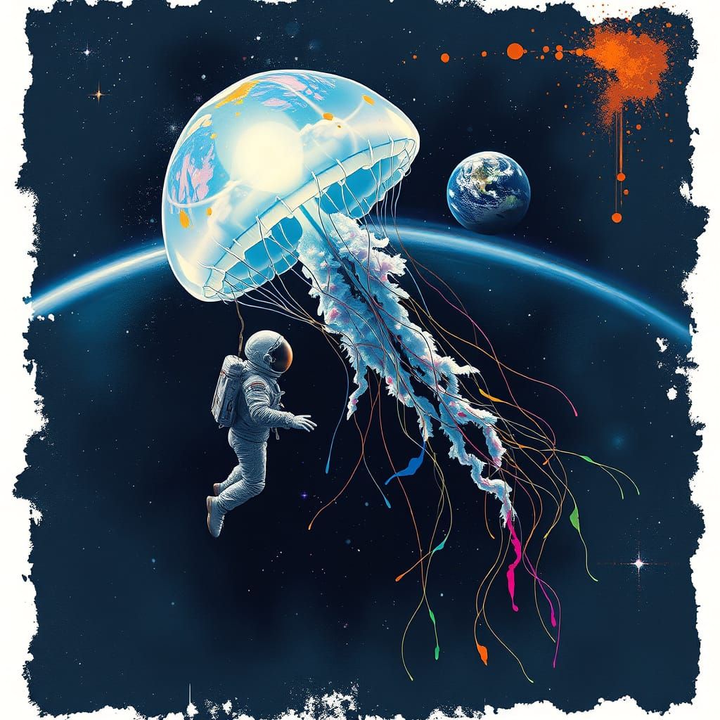 Surreal Cosmic Encounter in Vibrant Splatter Technique