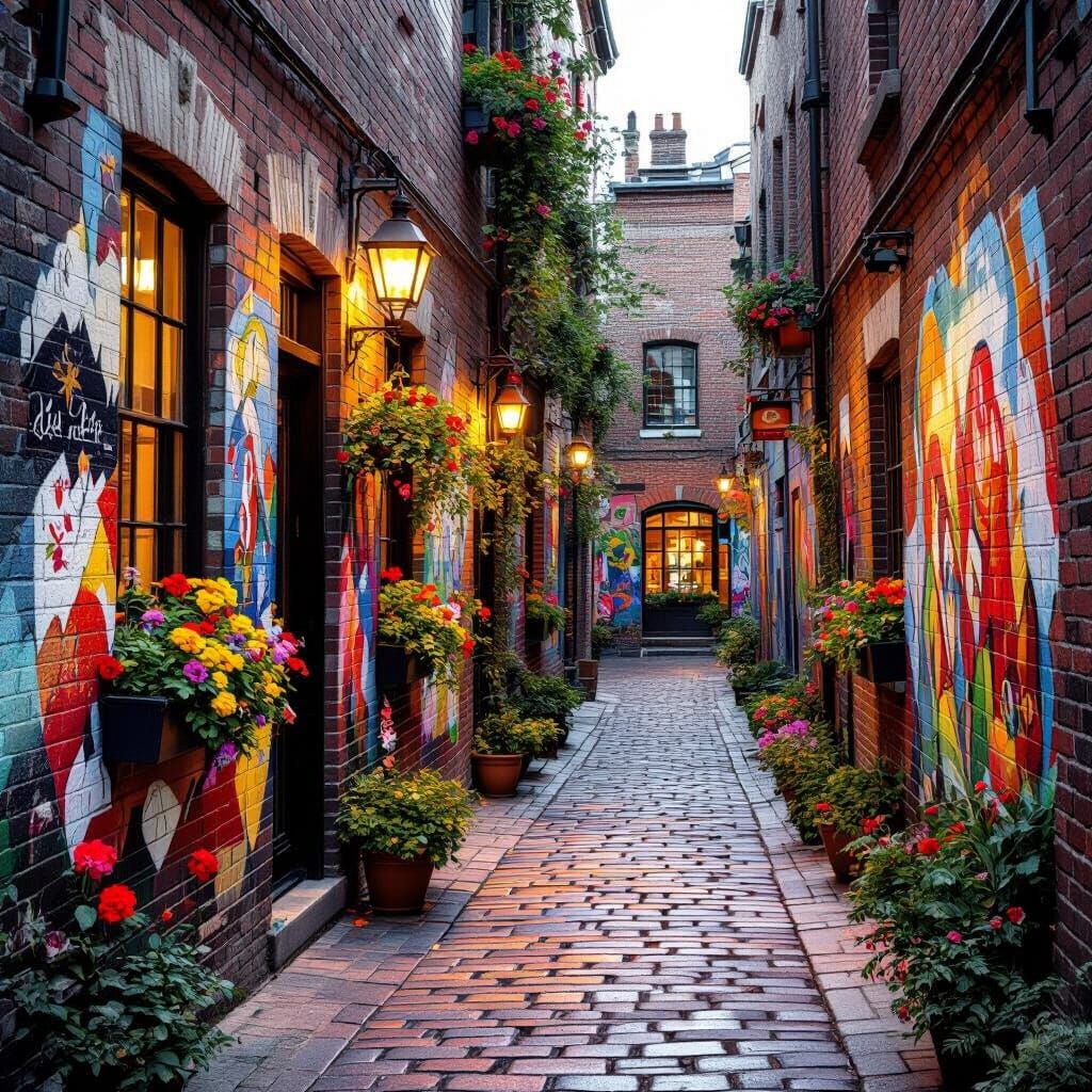 Charming Laneway with Golden Hour Glow and Vibrant Murals