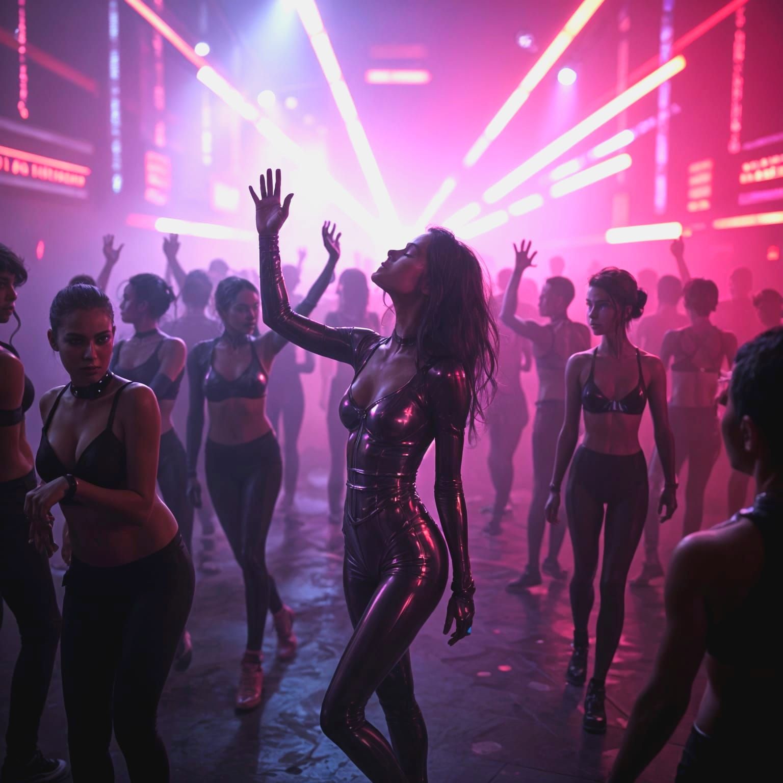 Ethereal Cyberpunk Dancers in Neon-Lit Nightclub