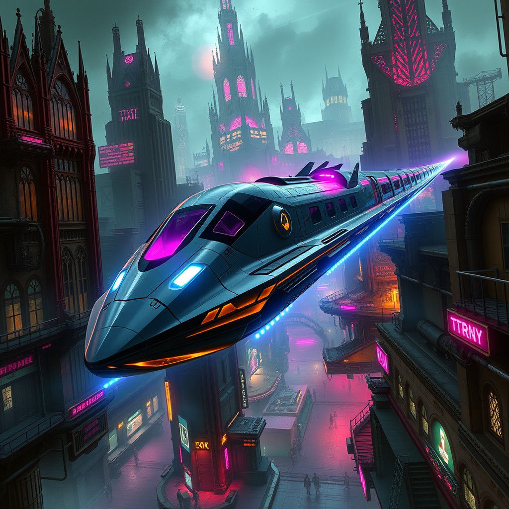 Futuristic Flying Train in Dystopian City