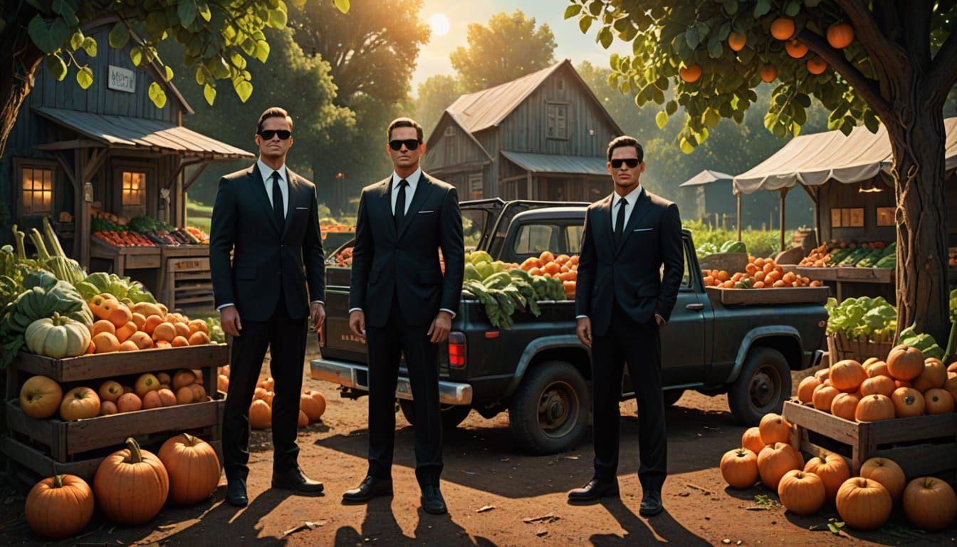 Men in Black at a Rustic Roadside Stand