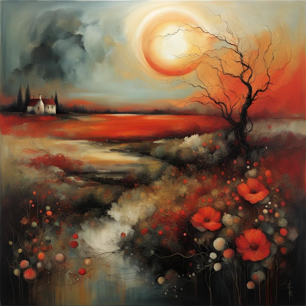 summer  landscape  at Copper red sun, dawn ignites the horiz...