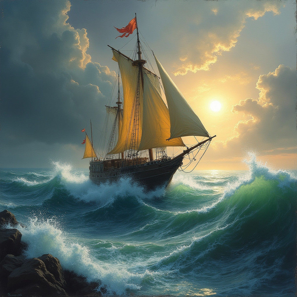 Majestic Boat Rides Tempestuous Ocean in Old Master Style