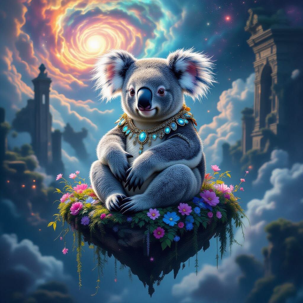 Koala in Neo-Baroque Jewelry on Bioluminescent Island