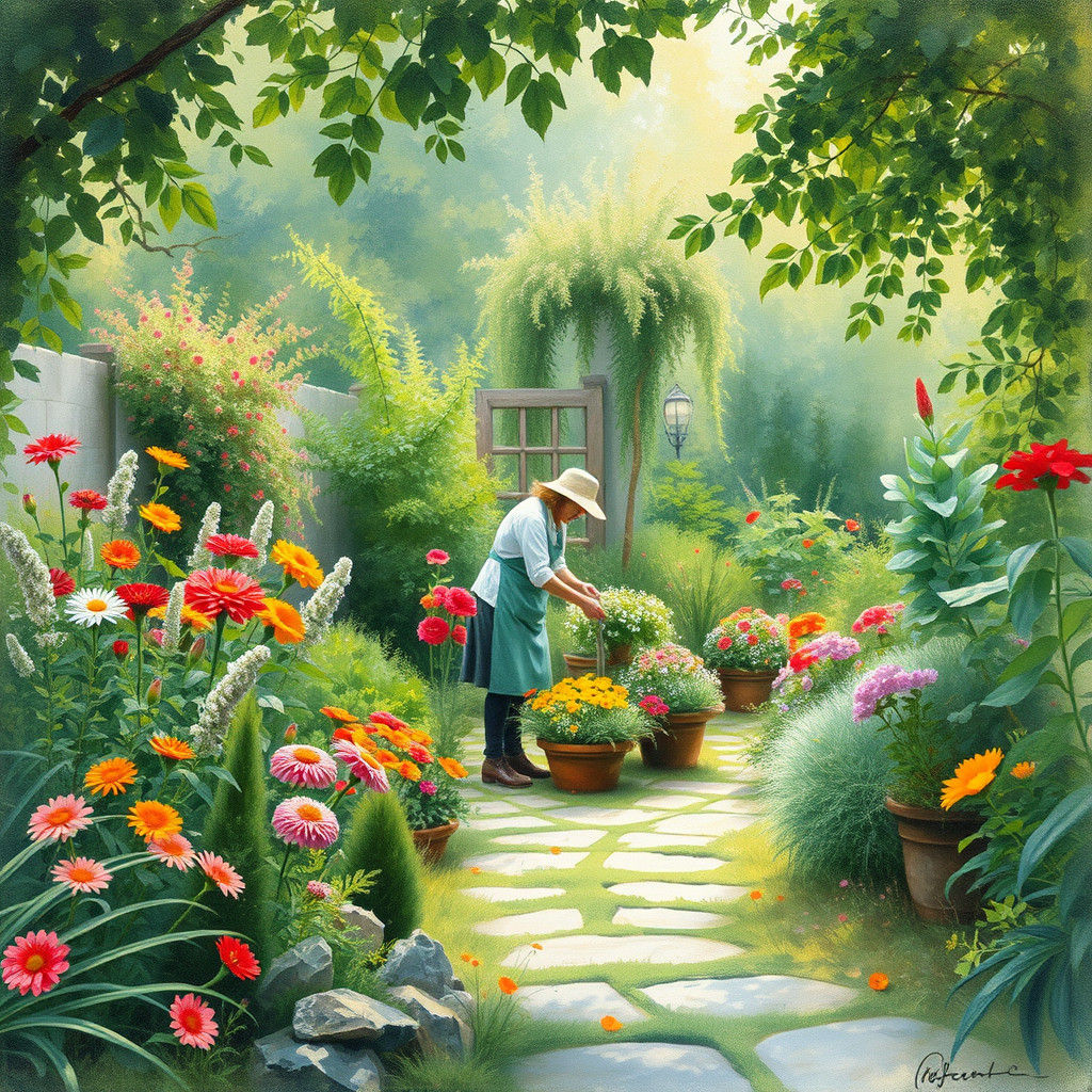 Impressionistic Garden Scene with Gardener
