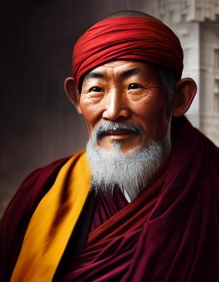 Tibetan Monk Portrait in Ashram, Detailed Concept Art