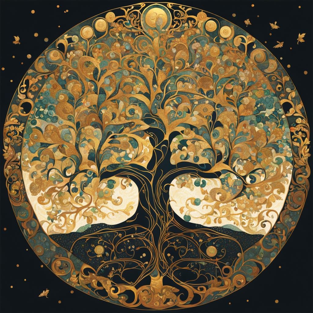 Art Nouveau Tree of Life with Golden Accents
