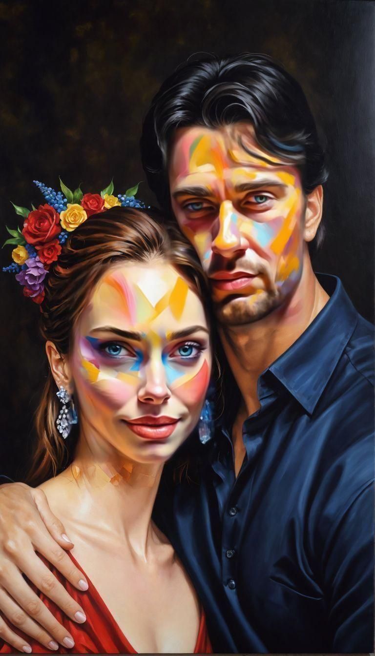 3D, abstract oil painting, Beautiful women and her husband, the grace of a king and queen, in love and happy, life is be...