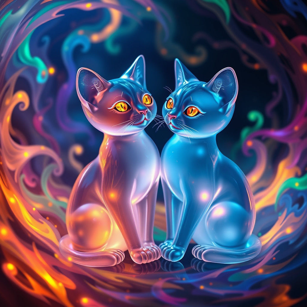 Bioluminescent Crystal Cats in a Surreal Fire Vortex