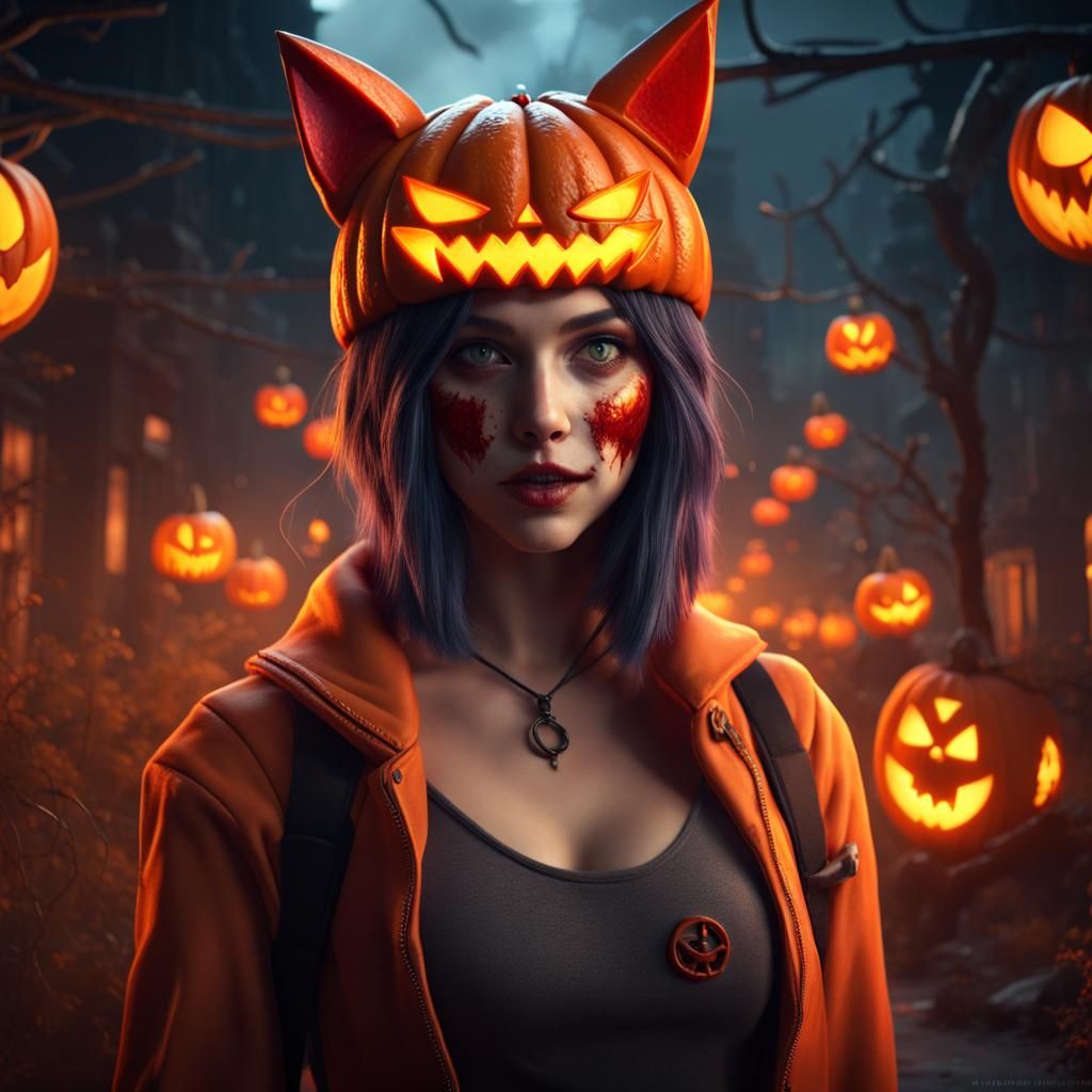 Girl with Jack O'Lantern Head and Cat Ears
