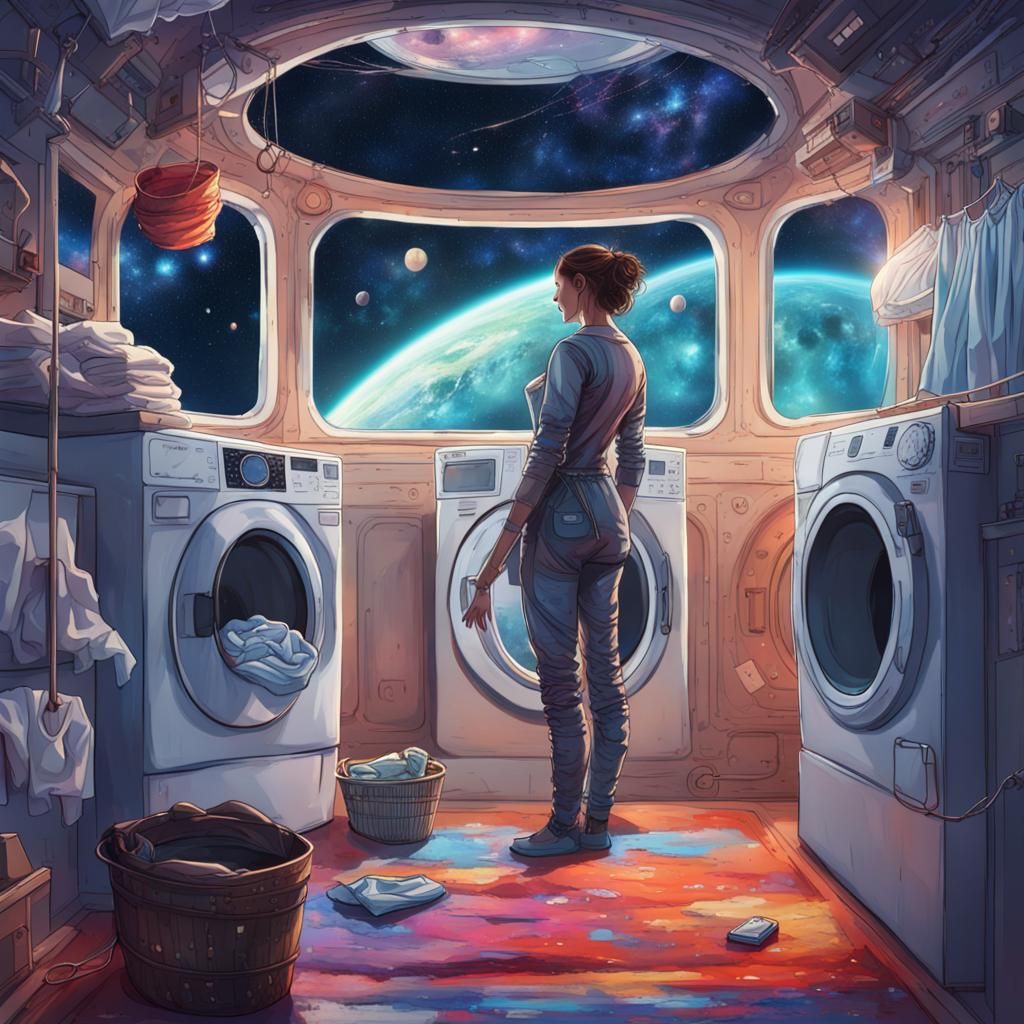 Laundry Day on a Spaceship with Galaxy View