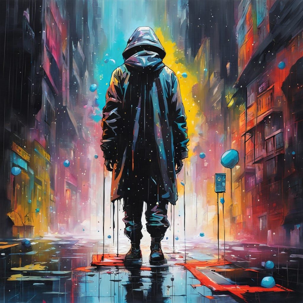 Cyberpunk Figure in Rainy Alleyway