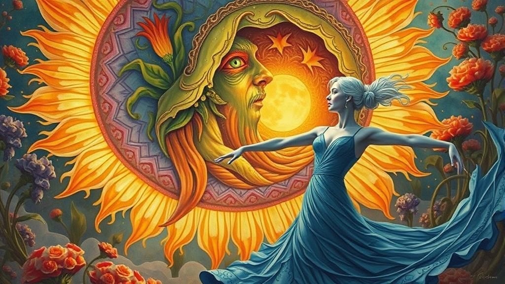 Woman Dancing in Surreal Sun and Moon Flower