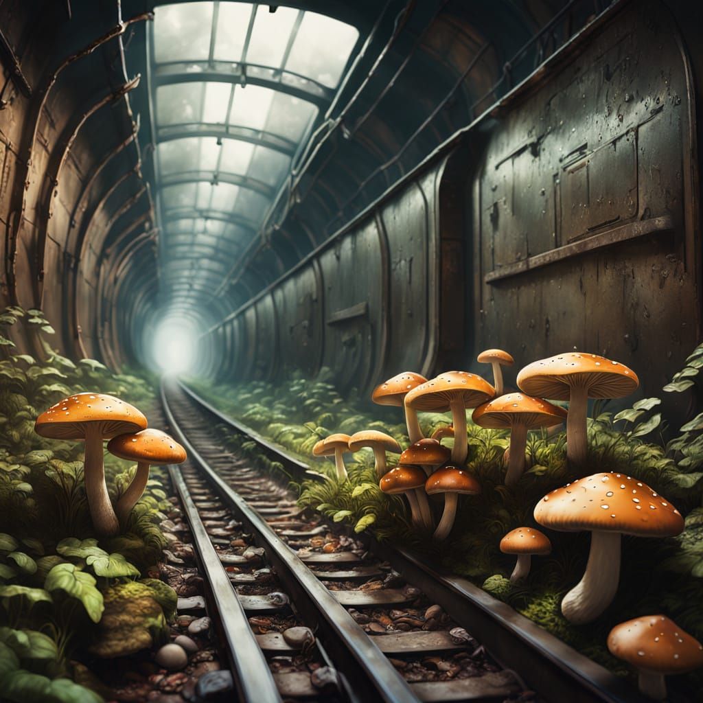 Hyperrealistic Mushrooms Flourish in Abandoned Tunnel