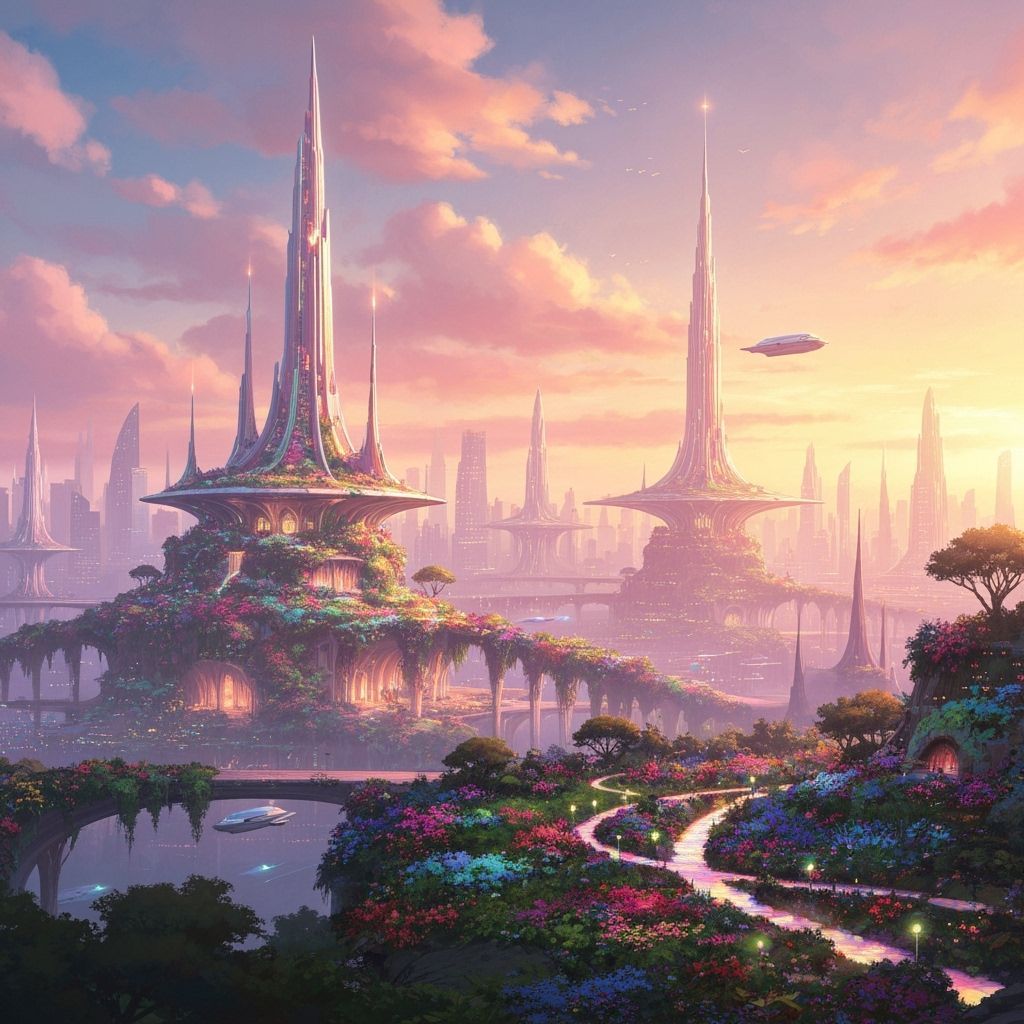 Utopian City Panorama in Perpetual Twilight Glow