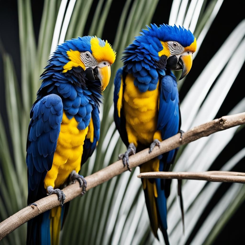 Blue Parrots on Black and White Palm