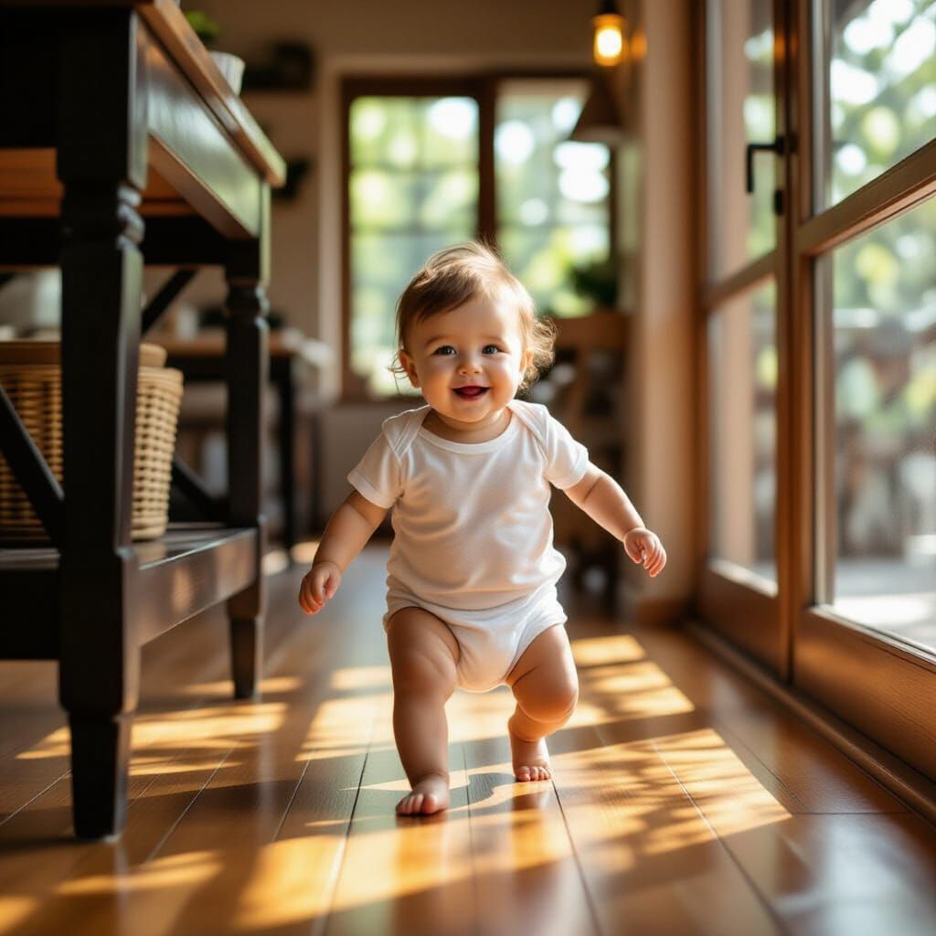 Joyful Baby Takes First Steps in Soft Natural Light