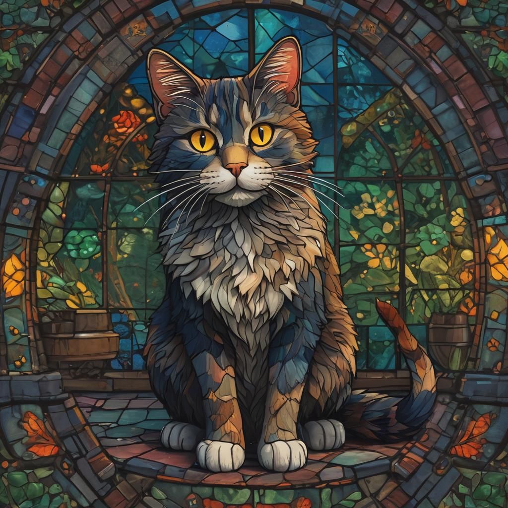 Colorful Stained Glass Cat with Dynamic Lighting