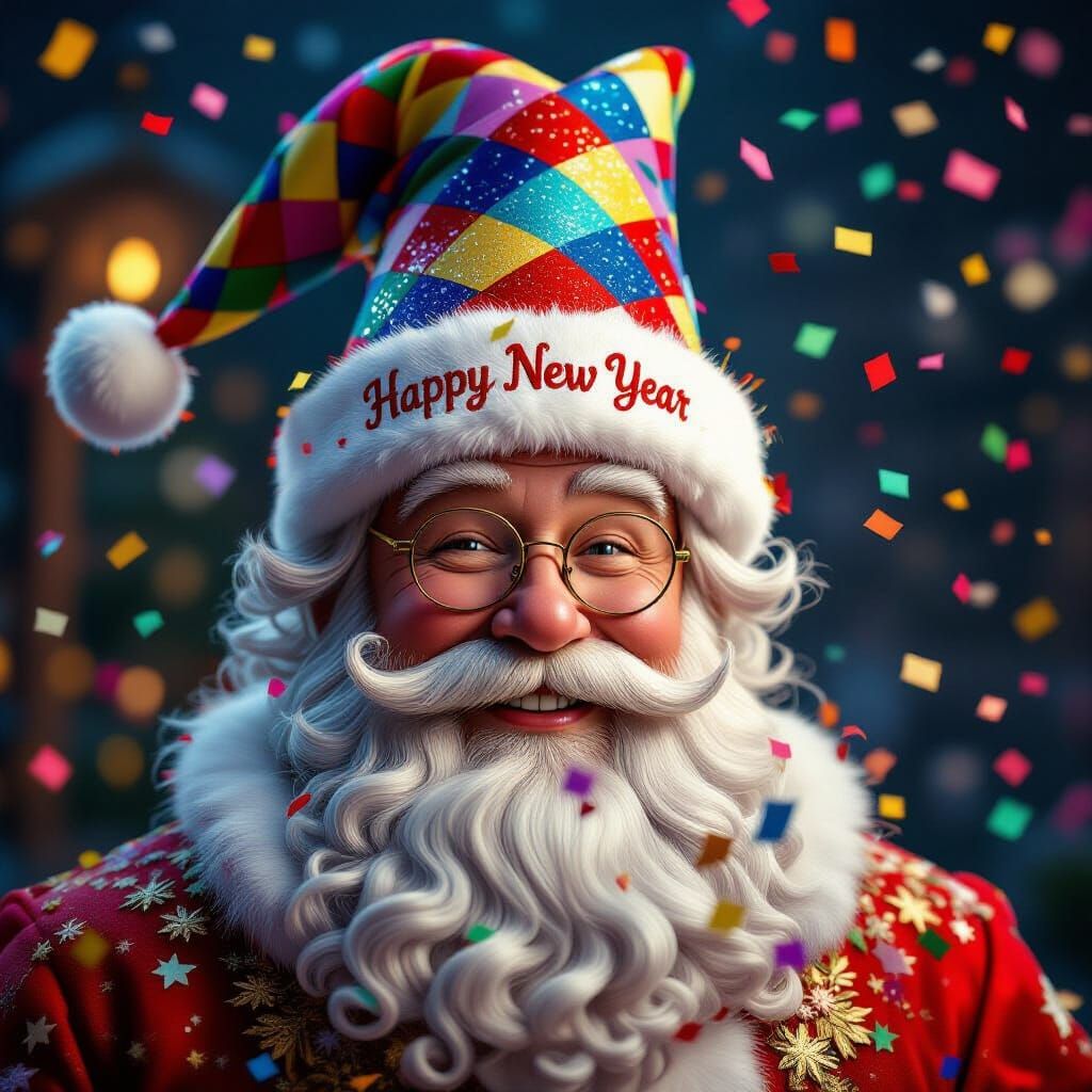 Santa Claus in Multicolored Hat with Confetti
