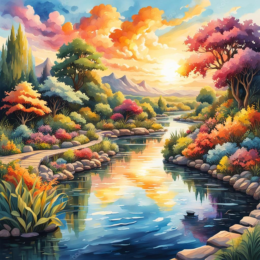 Fantasy River Garden at Sunset in Watercolor