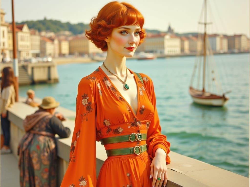 Redhead Woman in Floral Orange Set at La Rochelle Port