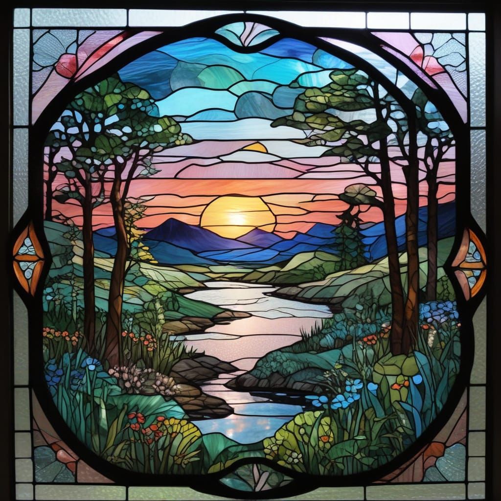 Vibrant Stained Glass Landscape