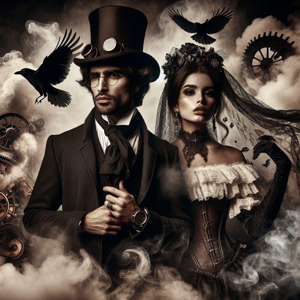 Steampunk Couple in Smoky, Surreal Setting