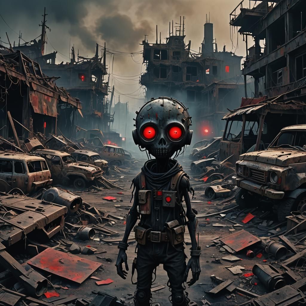 Post-Apocalyptic Red-Eyed Doll in Junkyard
