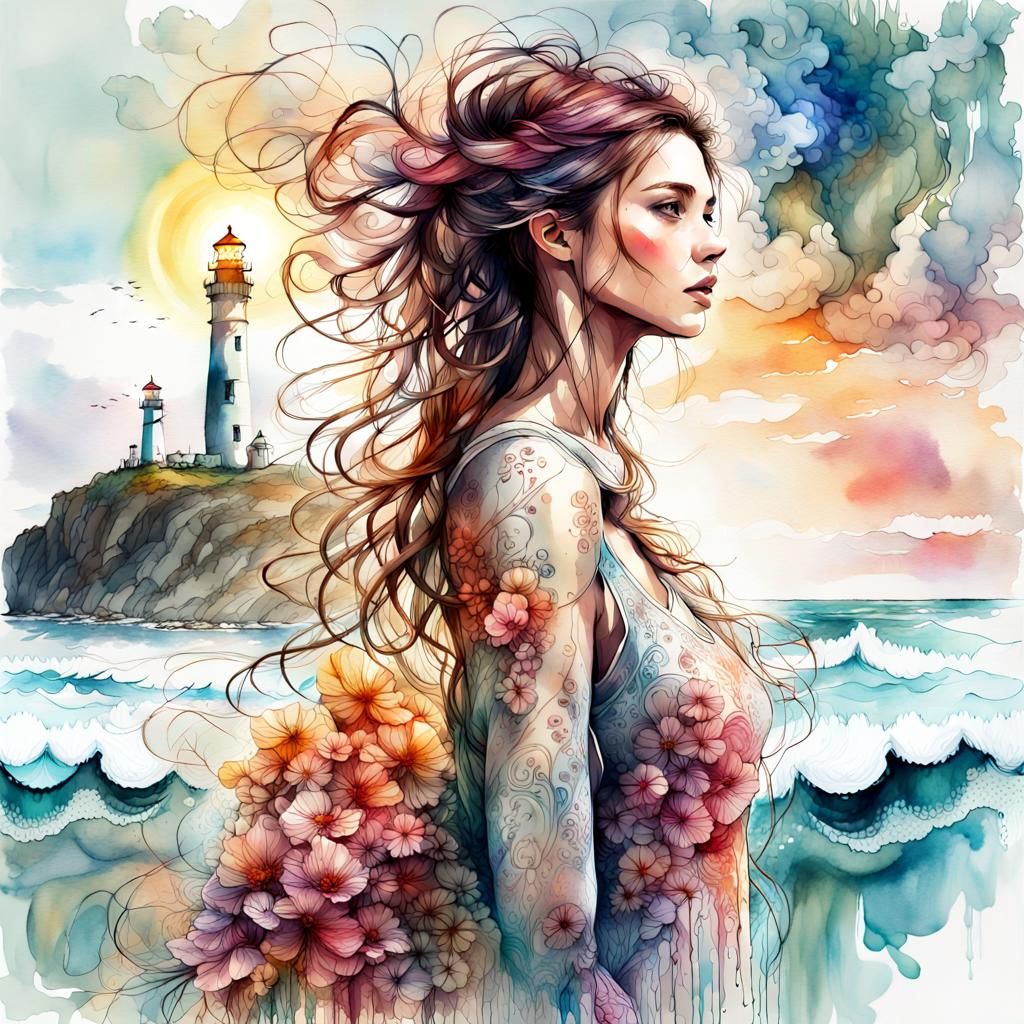 Watercolor Woman on Beach at Sunset