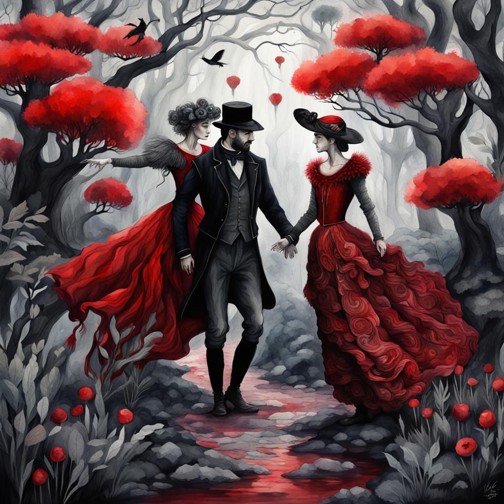 Atmospheric Watercolour Wilderness Tango in Red and Black