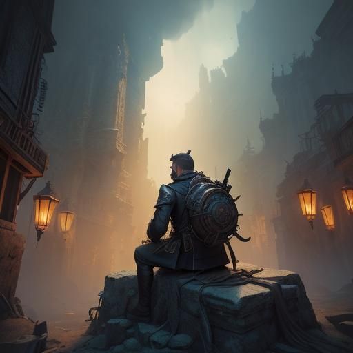 Mystical Alleyway: Man, Cat, and Guns at Dusk