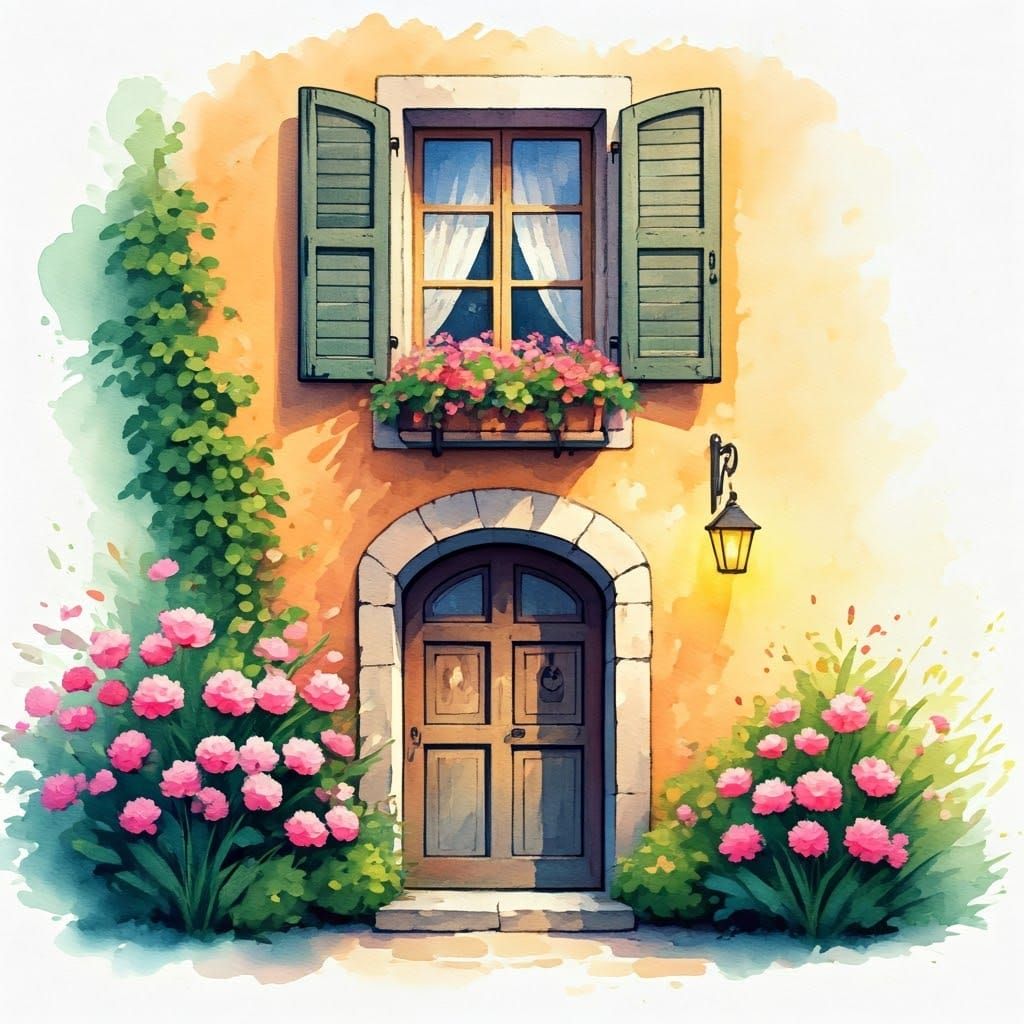 Whimsical Watercolor House with Blooming Flowers and Lantern