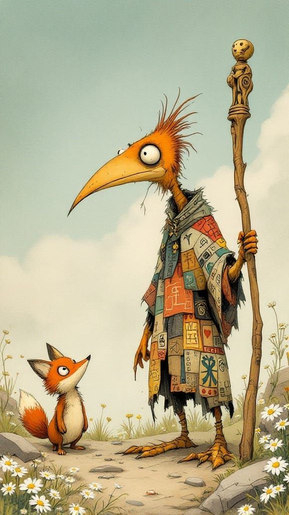 Whimsical Wanderer in Sunlit Meadow