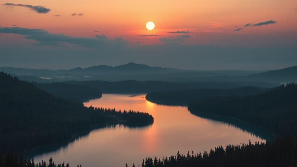 Twilight Lake and Forest Aerial View: Romantic Landscape